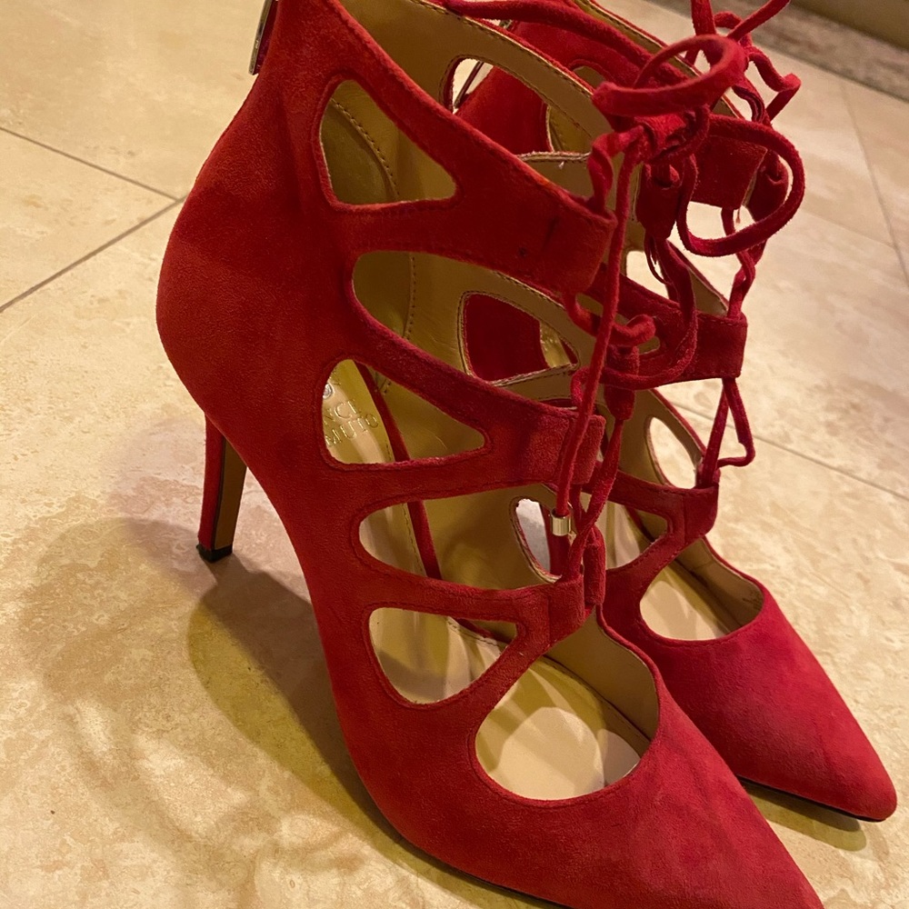Red Vince Camuto lace up heels